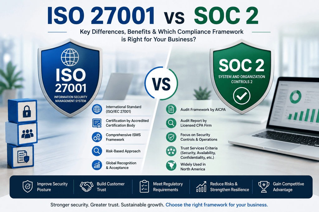 ISO 27001 vs SOC 2 compliance framework comparison for businesses.