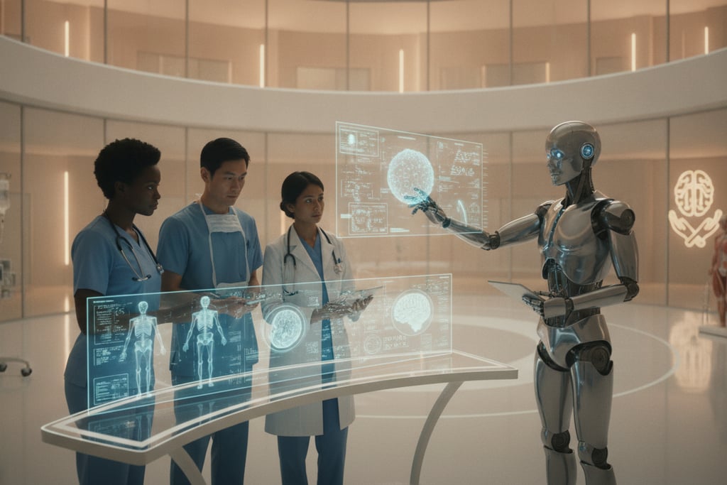 A futuristic medical diagnostic room featuring advanced artificial intelligence technology. In the f