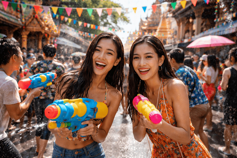Zwei lächelnde Frauen feiern das Songkran-Wasserfest in Thailand mit bunten Wasserpistolen.