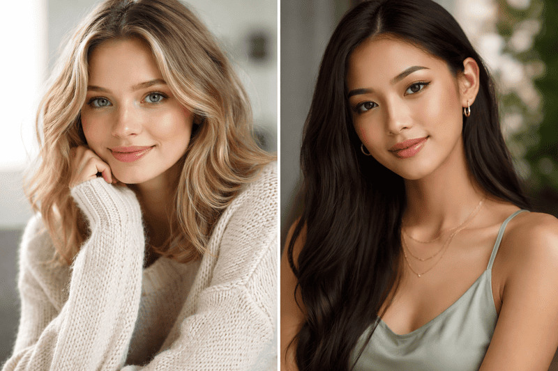 Porträts von zwei schönen Frauen mit strahlender Haut und stilvollen Frisuren