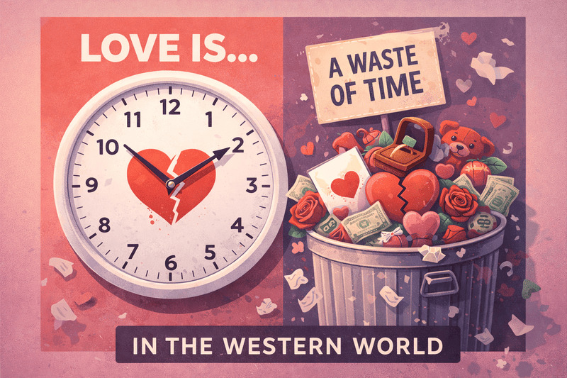 Konzeptkunst mit einer Uhr, einem gebrochenen Herzen und einem Mülleimer voller romantischer