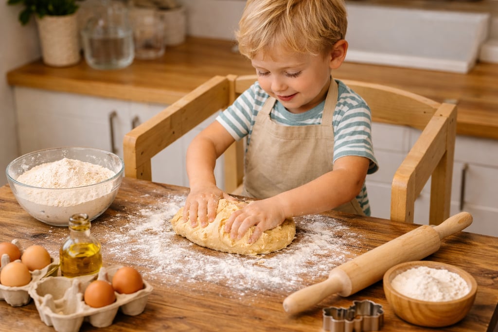 Bambino che impasta la pasta su una torre d’apprendimento, utilizzando strumenti da cucina.