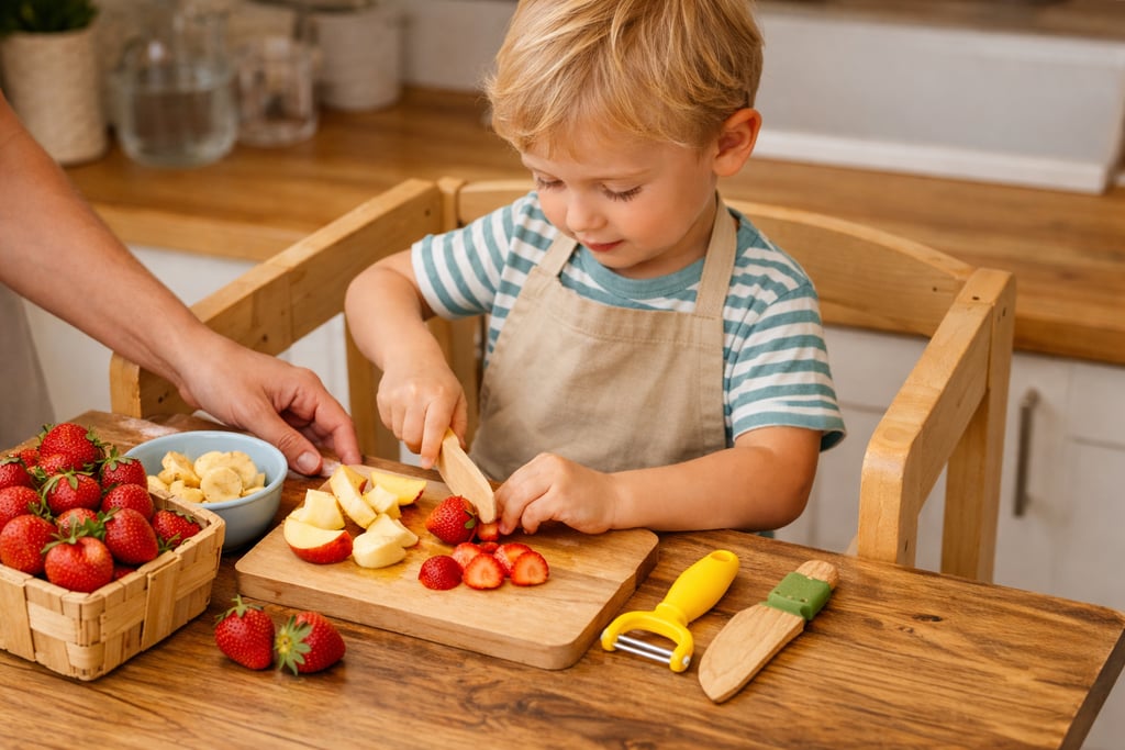 Bambino su una torre di apprendimento che taglia la frutta in cucina