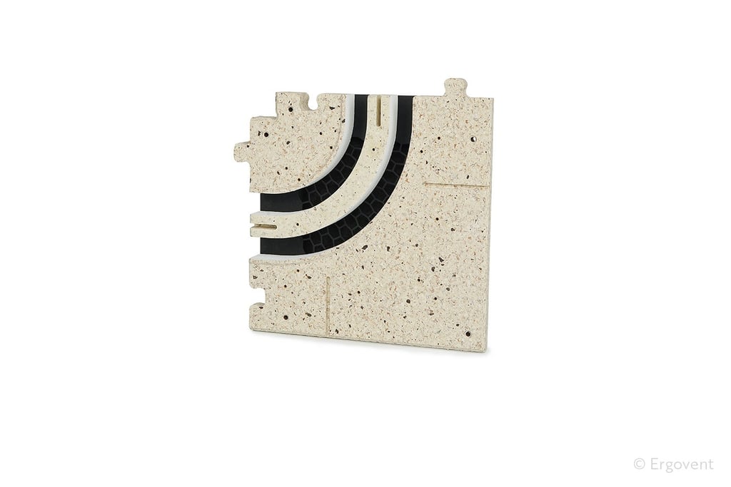 ERGOVENT LINEO PRO PUZZLE 2-slot moulage 20x20 round corner piece showing curved dual slot grilles and puzzle lock edges