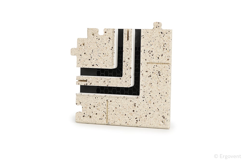 ERGOVENT LINEO PRO PUZZLE 2-slot moulage 20x20 right-angle corner piece showing dual slot grilles and puzzle lock edges
