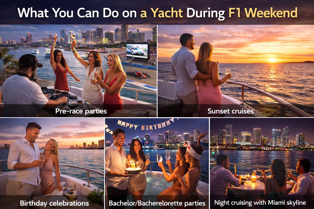Activities on a luxury yacht during Miami Formula 1 weekend including parties, sunset cruises, birthdays and night charter