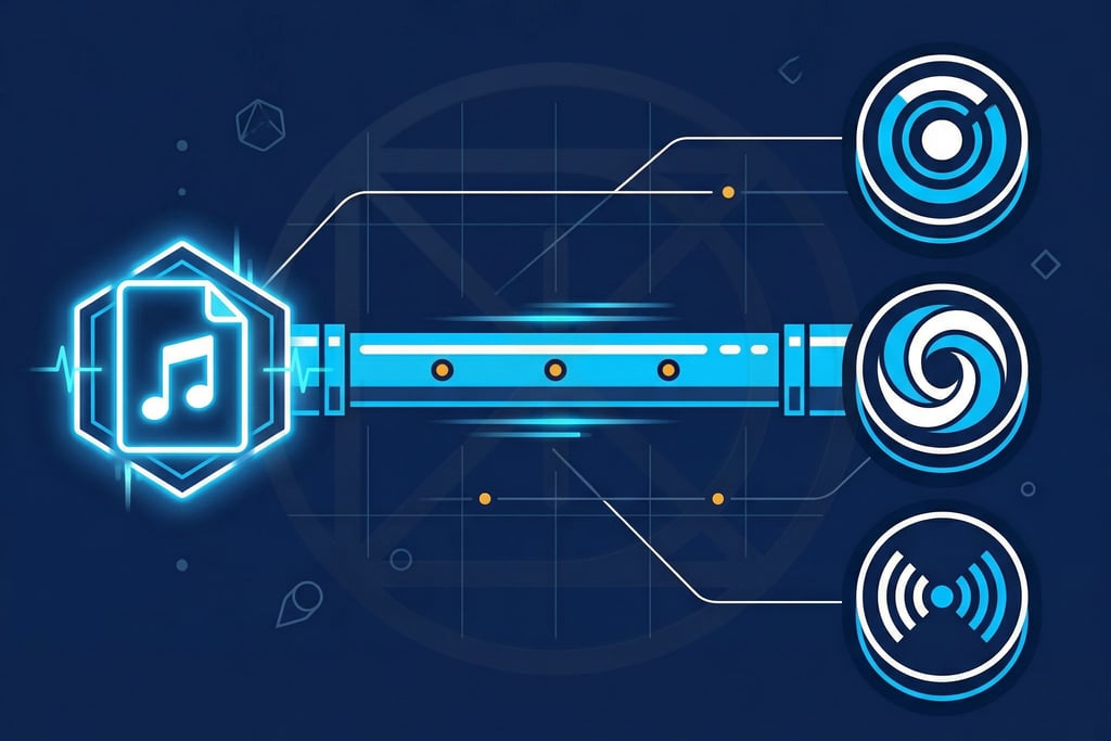 Digital illustration of an audio file being distributed through multiple platforns. 