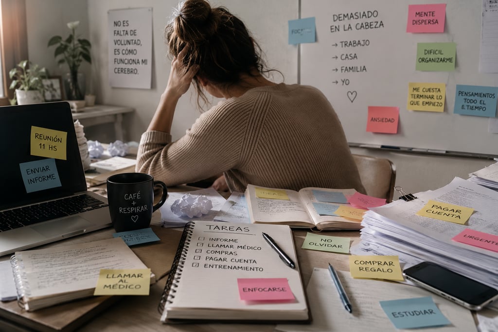 Stressed woman at a messy desk with sticky notes and to-do lists, illustrating burnout and mental load.