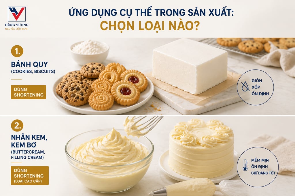 Ứng dụng Shortening trong sản xuất bánh quy, bánh cookies, nhân kem và kem bơ giúp tạo độ giòn xốp, 