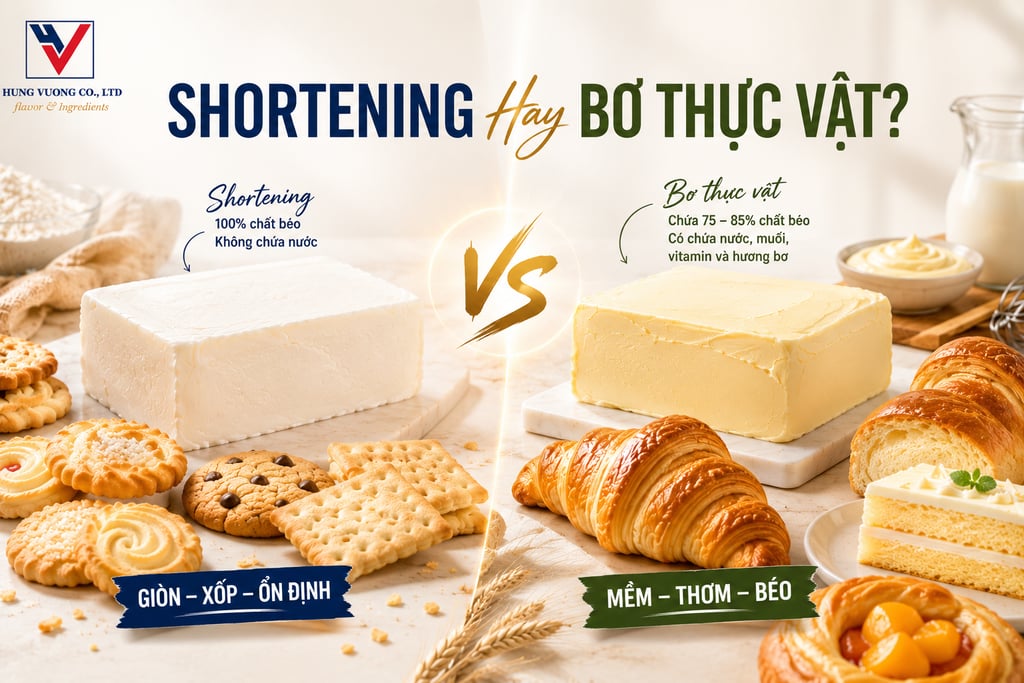 Infographic so sánh Shortening và bơ thực vật (margarine) trong ngành thực phẩm. Phân biệt thành phầ