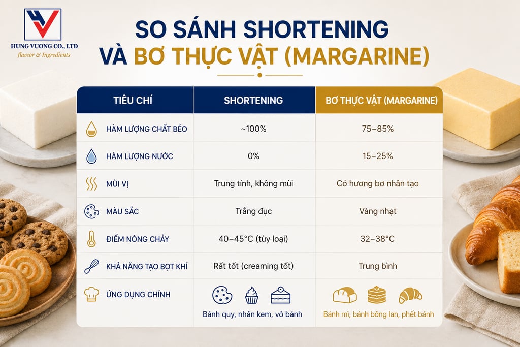 Bảng so sánh Shortening và bơ thực vật (margarine): thành phần, đặc tính và ứng dụng trong sản xuất 