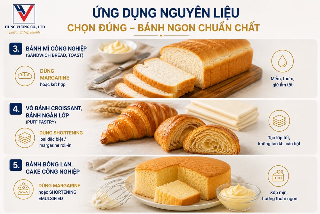 Ứng dụng Shortening và margarine trong sản xuất bánh mì, bánh croissant, bánh ngàn lớp và bánh bông 