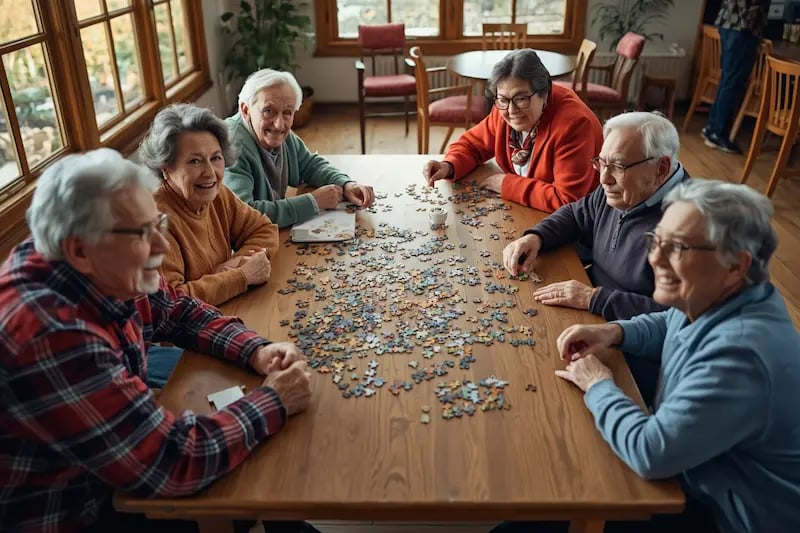 Eine Gruppe älterer Menschen löst gemeinsam Puzzles