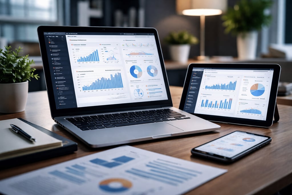 Laptop, tablet, and smartphone displaying business data analytics dashboards on a modern office desk.