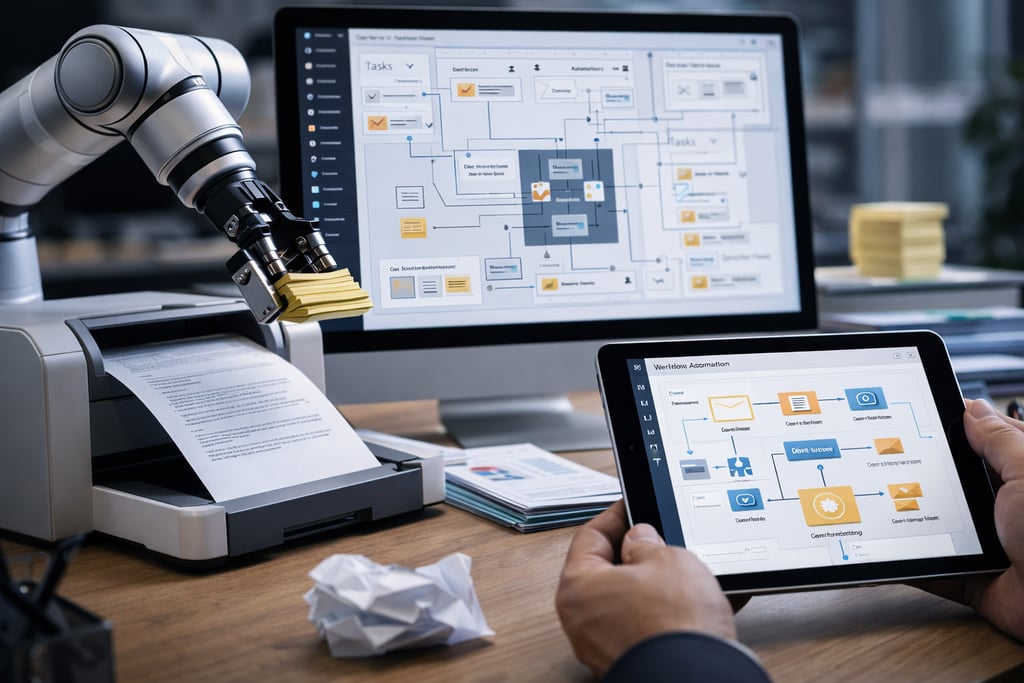 A robotic arm and digital tablet displaying automated business workflow software and process diagrams.