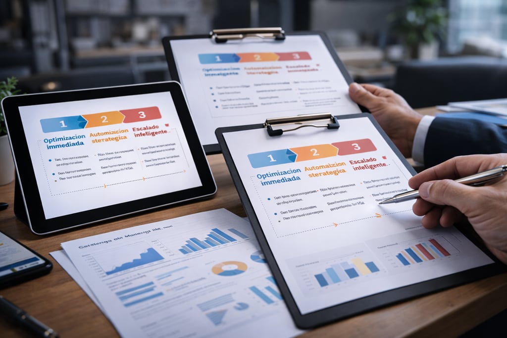 Professional reviewing business growth strategy charts and data analytics on a tablet and paper clipboards.