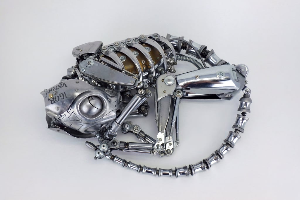 Igor Verny sleeping dog, metal sculpture, steam punk sleeping dogsculpture, skeleton, dog sculpture