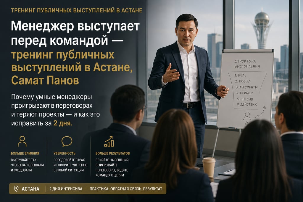 Менеджер выступает перед командой — тренинг публичных выступлений в Астане, Самат Панов
