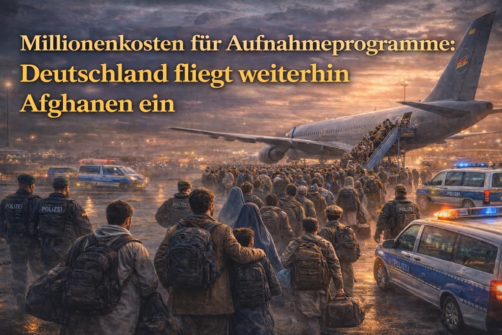 Crowd of Afghan refugees boarding a plane guarded by police with German text about migration costs.