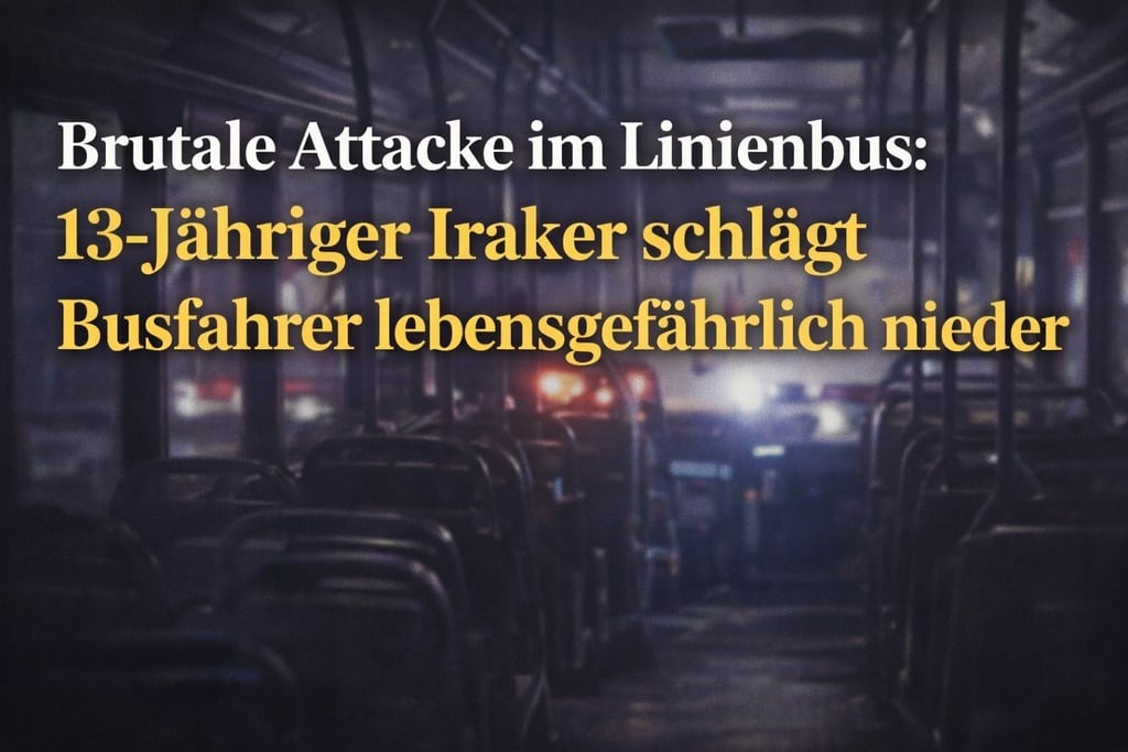 A dark city bus interior with German text overlay about a violent incident involving a driver.