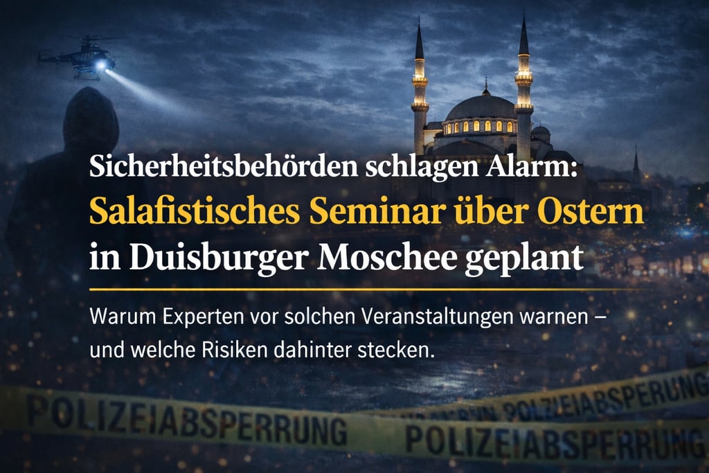 Silhouette of a man with a helicopter illuminating a mosque, a police line, and German text: "Security authorities sound the