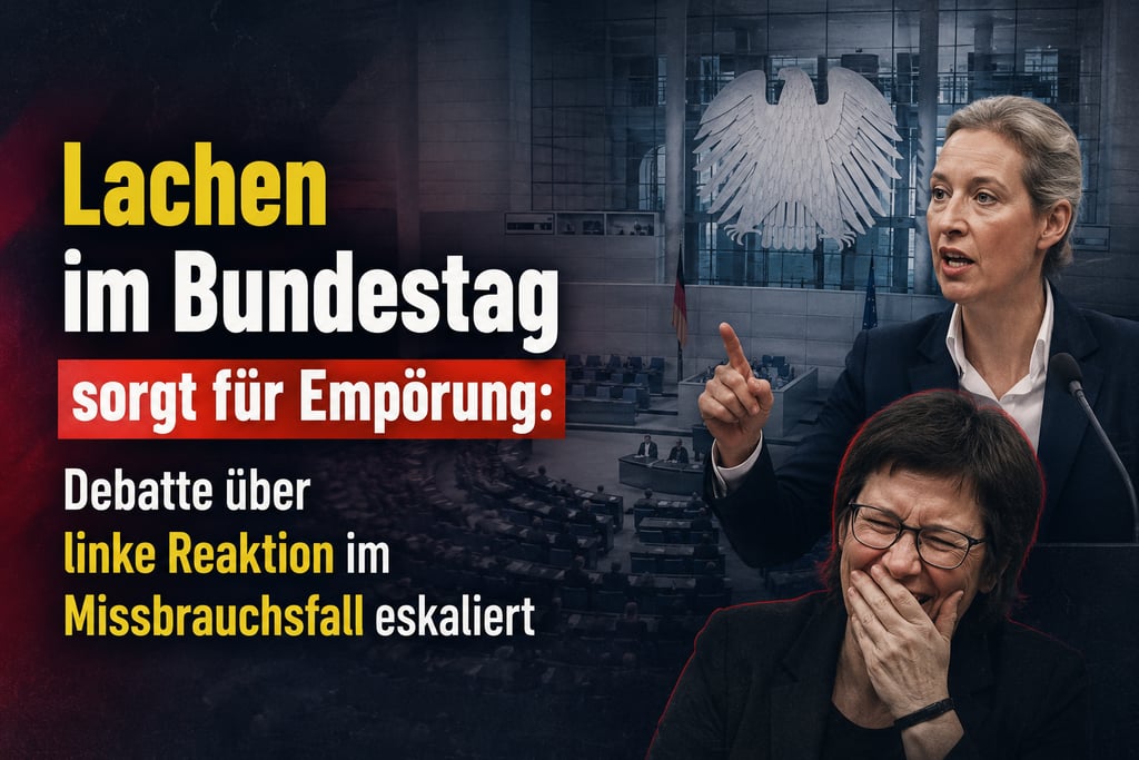 Alice Weidel at a Bundestag debate regarding a child abuse case with German political headlines.