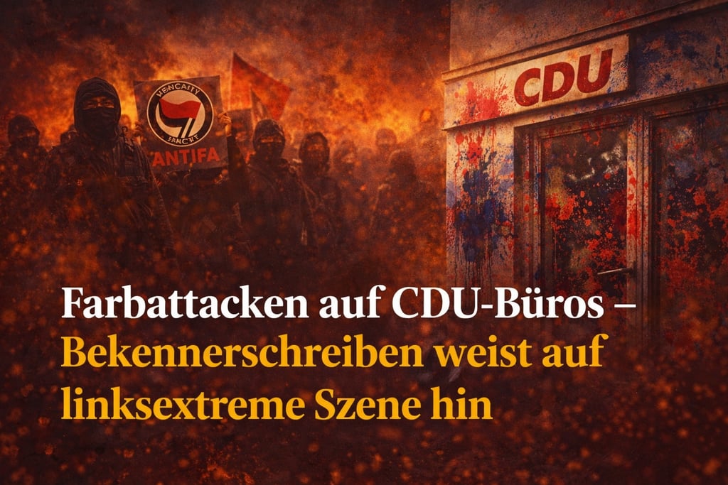 Protesters with an Antifa flag near a CDU office covered in red and blue paint during a political protest.