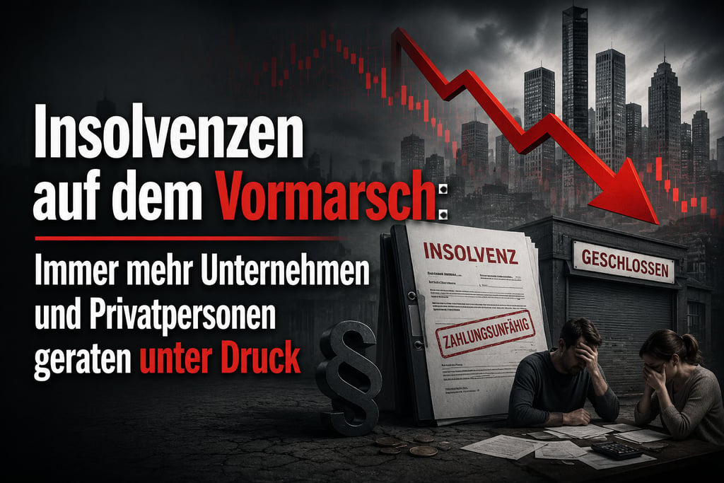 A couple stressed over insolvency papers and financial decline with a red falling arrow over a city skyline.