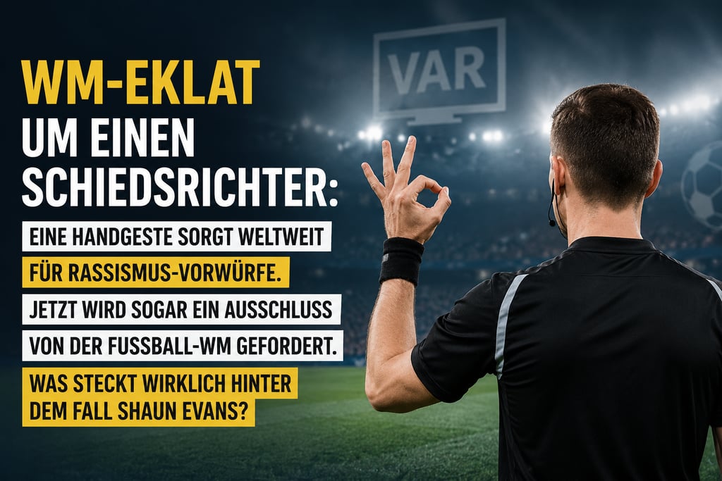 Soccer referee Shaun Evans makes a controversial hand gesture during a World Cup match in a stadium.
