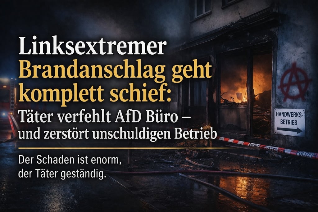 Burning storefront after an arson attack with German text about a failed political strike against an AfD office.
