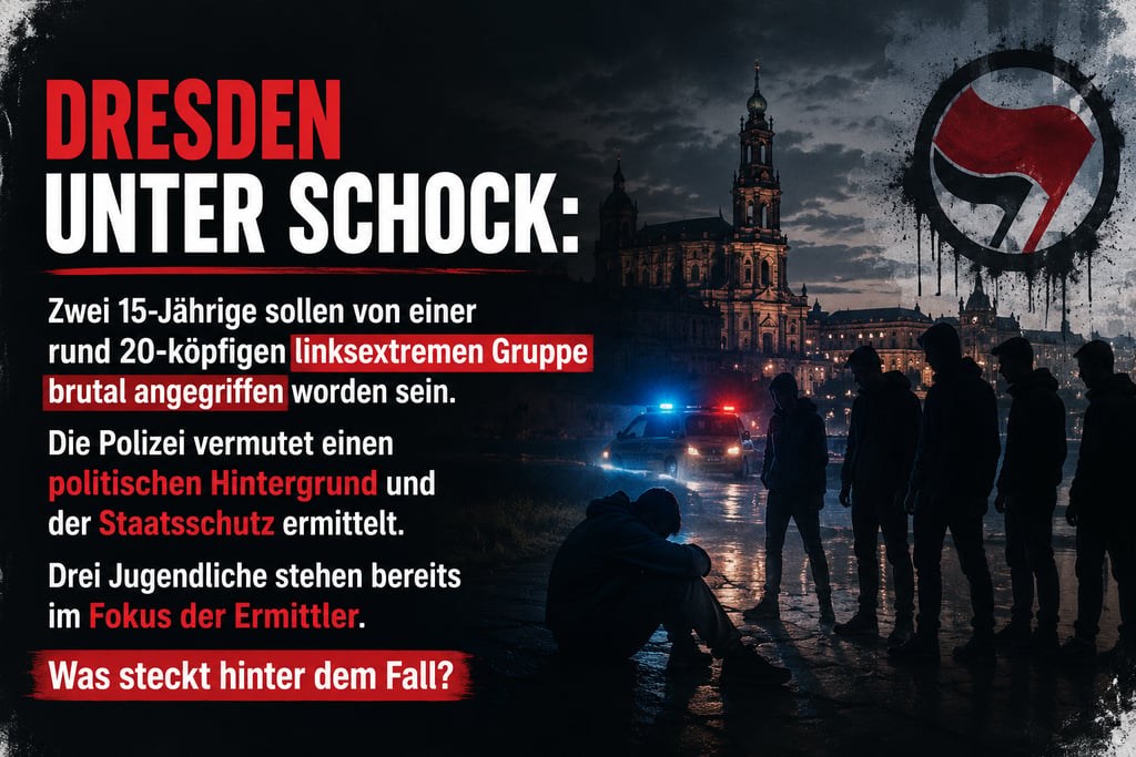 Dresden news graphic reporting on an attack by left-wing extremists with police at a city landmark night scene.