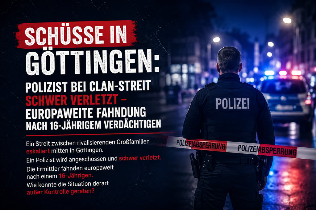 Polizei officer standing behind cordoned police tape in Göttingen with emergency vehicle lights.