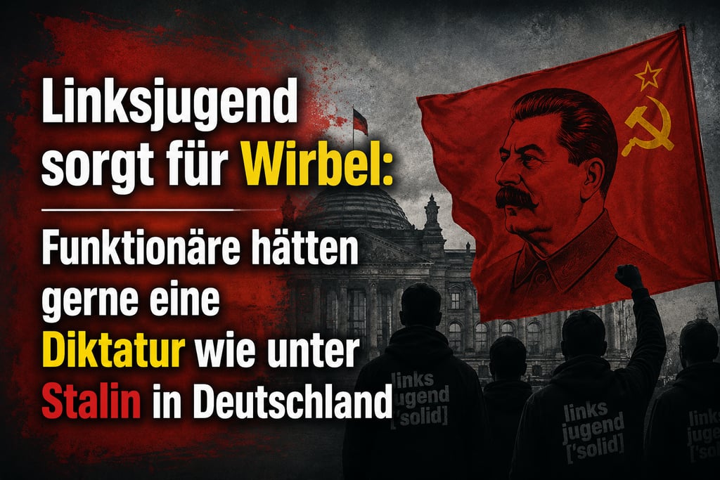 German political graphic showing Linksjugend solid members before the Reichstag with a Joseph Stalin flag.