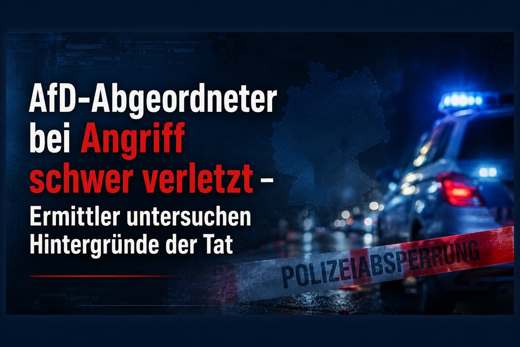 A news graphic about an attack on an AfD politician with a police car and crime scene tape.