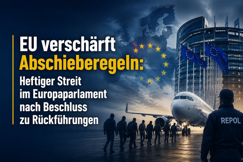 EU deportation policy graphic featuring migrants boarding a plane with the European Parliament building.