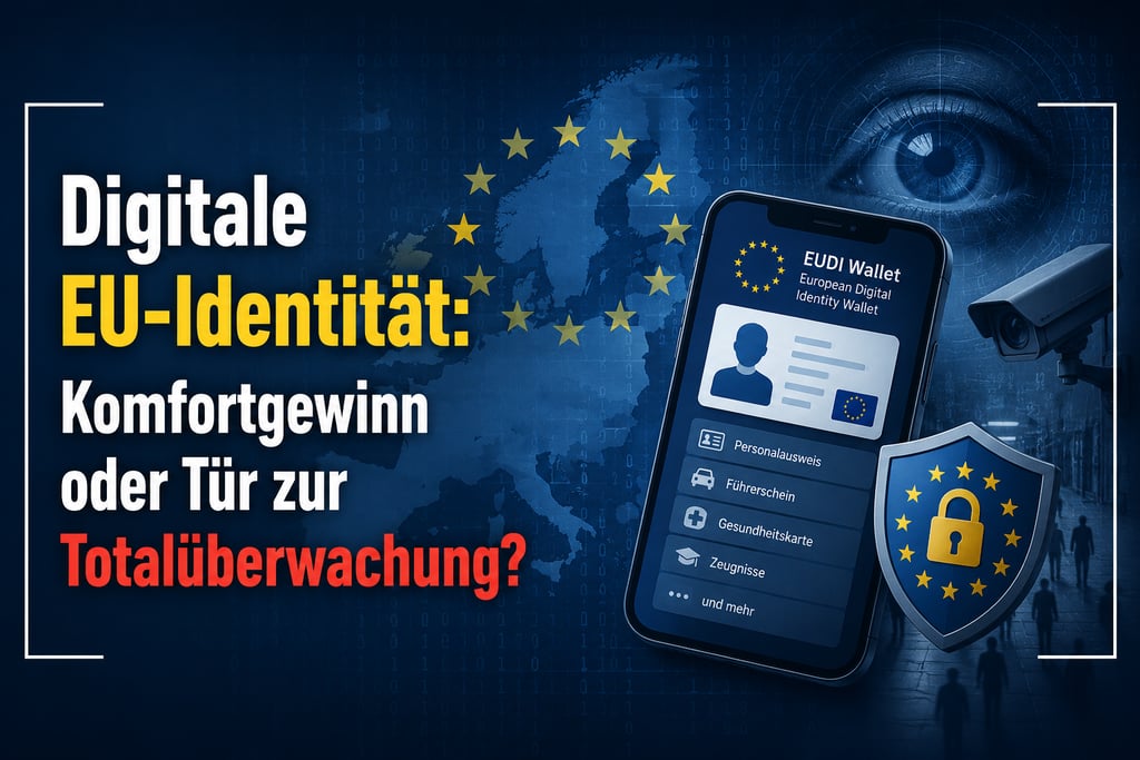 Digital EU Identity graphic showing the EUDI Wallet on a smartphone with a map of Europe and a security camera.