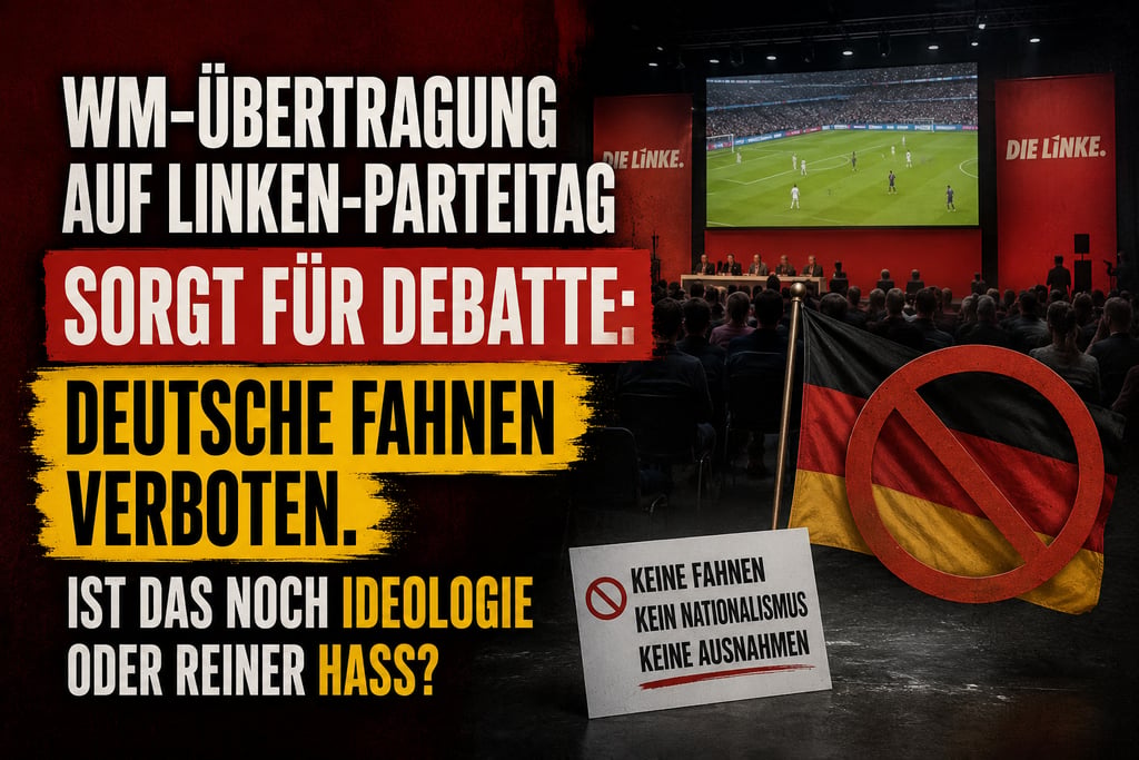 A political graphic showing a German flag with a red prohibition sign during a Die Linke party meeting.