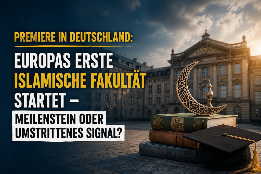 Islamic faculty announcement in Germany featuring a crescent moon, books, and mortarboard.