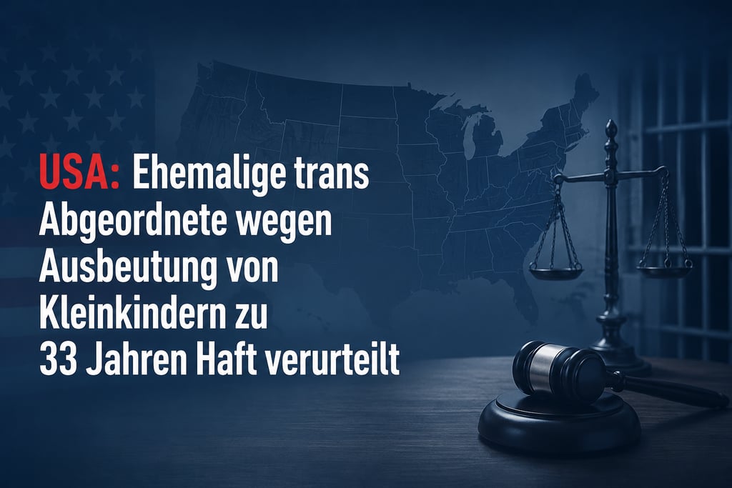 A gavel and scales of justice icon against a US map background with German text about a legal sentence.