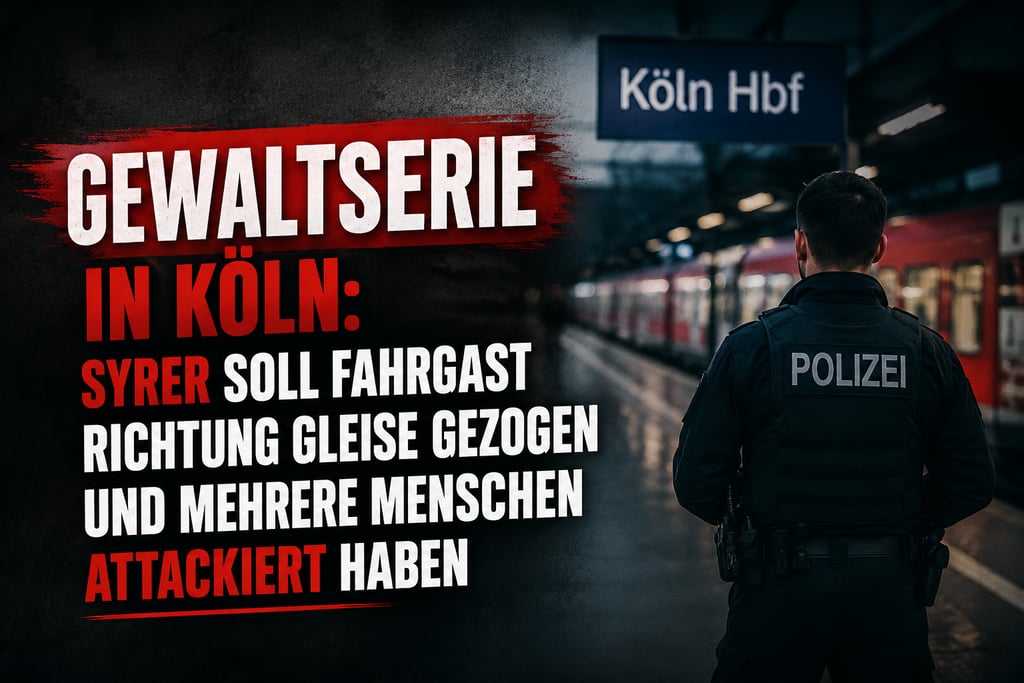 German police officer standing at Köln Hbf train station platform near a regional train.