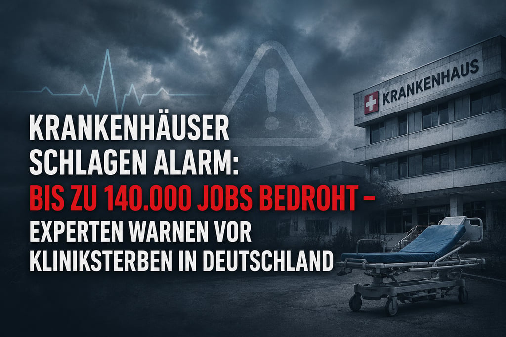 German hospital building with text warning of clinic closures and 140,000 job losses in Germany.
