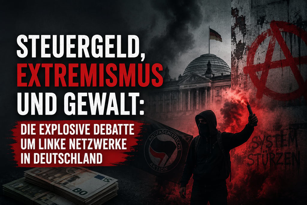 Ein vermummter Demonstrant mit einer Leuchtrakete steht vor dem Reichstagsgebäude. Auf dem Gebäude i
