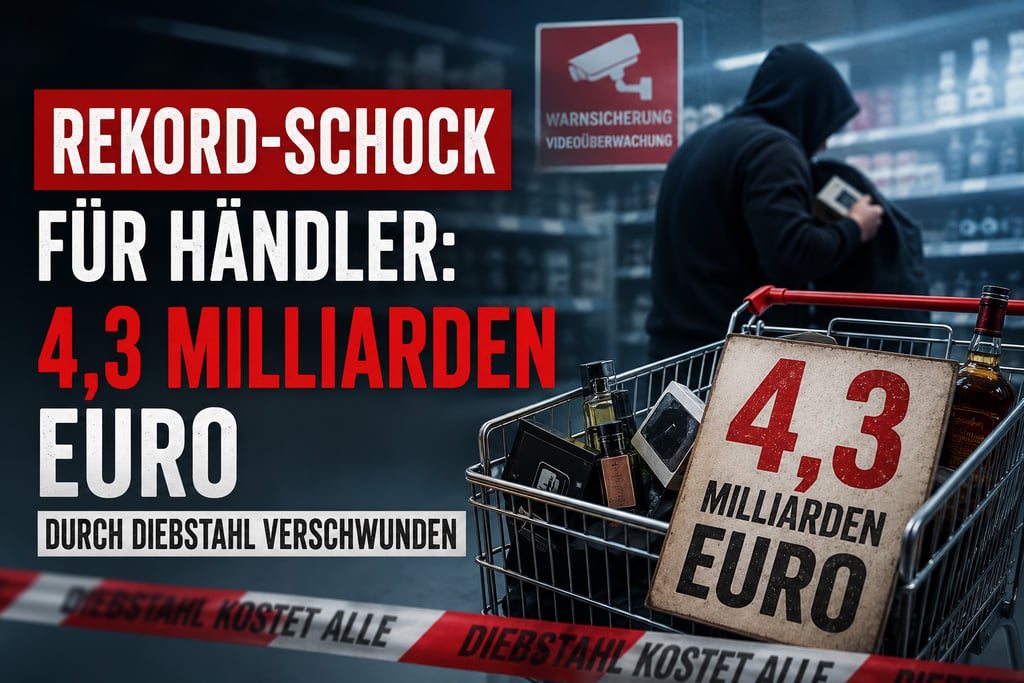 Ein vermummter Ladendieb stiehlt Waren in der Nähe eines Einkaufswagens, auf dem ein Diebstahlschade