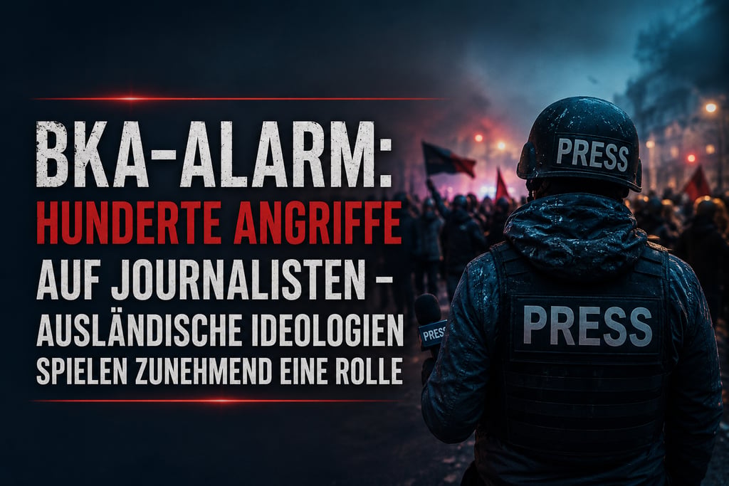 Journalist in Schutzkleidung für die Presse steht einer Protestkundgebung gegenüber, bei der ein deu