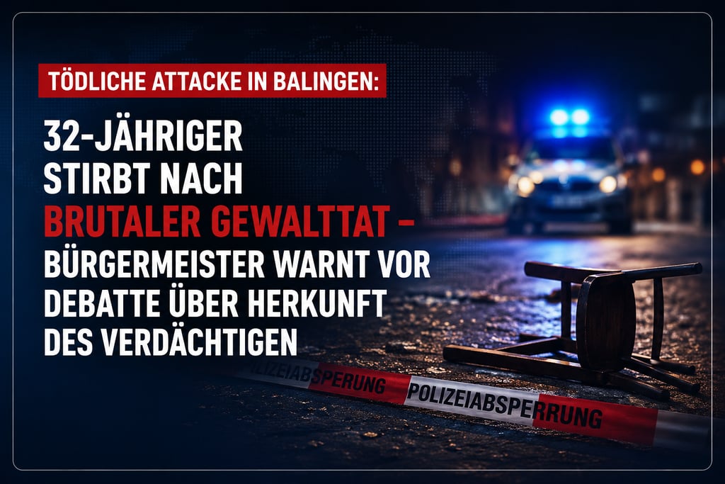 Eine Nachrichtengrafik zeigt einen Tatort in Balingen mit Absperrband und Blaulicht der Polizei im R