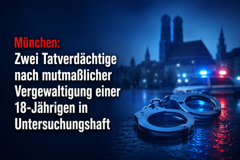 Auf einer nassen Oberfläche liegen Handschellen, im Hintergrund ist die verschwommene Münchner Stadt