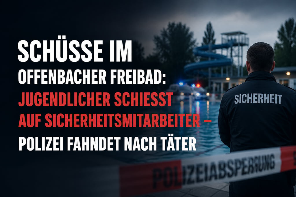 Sicherheitsbeamter am Tatort des Verbrechens im Freibad Offenbach, umgeben von Polizeiband und Einsa