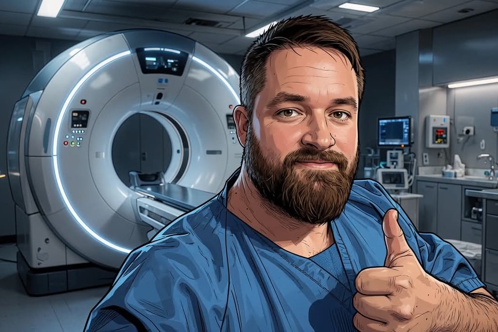 A smiling male radiology technician giving a thumbs up in front of a modern MRI scanner machine.