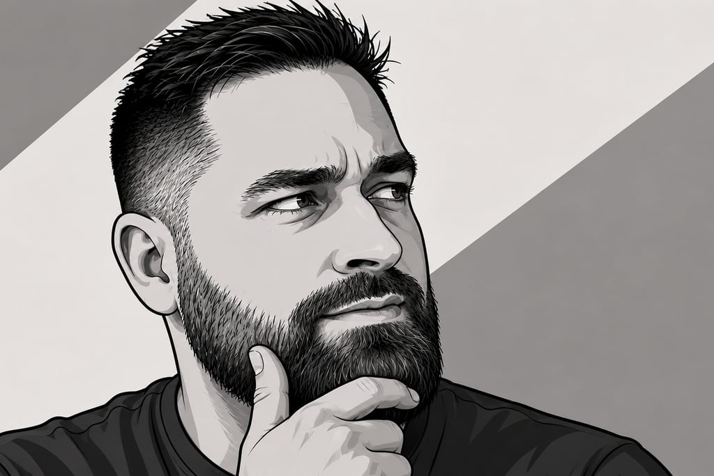 Black and white digital illustration of a pensive man with a thick beard and short hair.