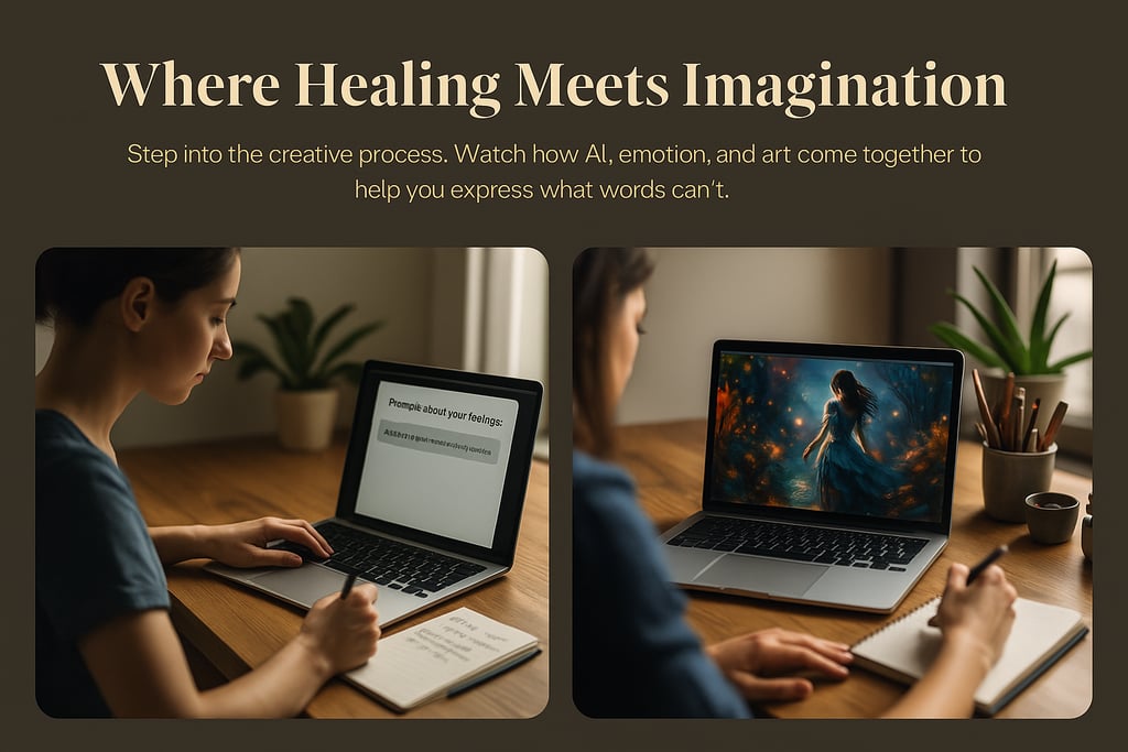 Side-by-side images of a woman writing a prompt and viewing AI-generated art on a laptop.